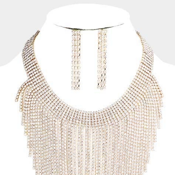 Gold Fringe Pave Rhinestone Crystal Necklace Set - Picture 2 of 2